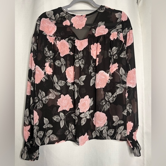 Guess Black and Pink Floral Sheer Long Sleeve Blouse Large - Picture 10 of 10
